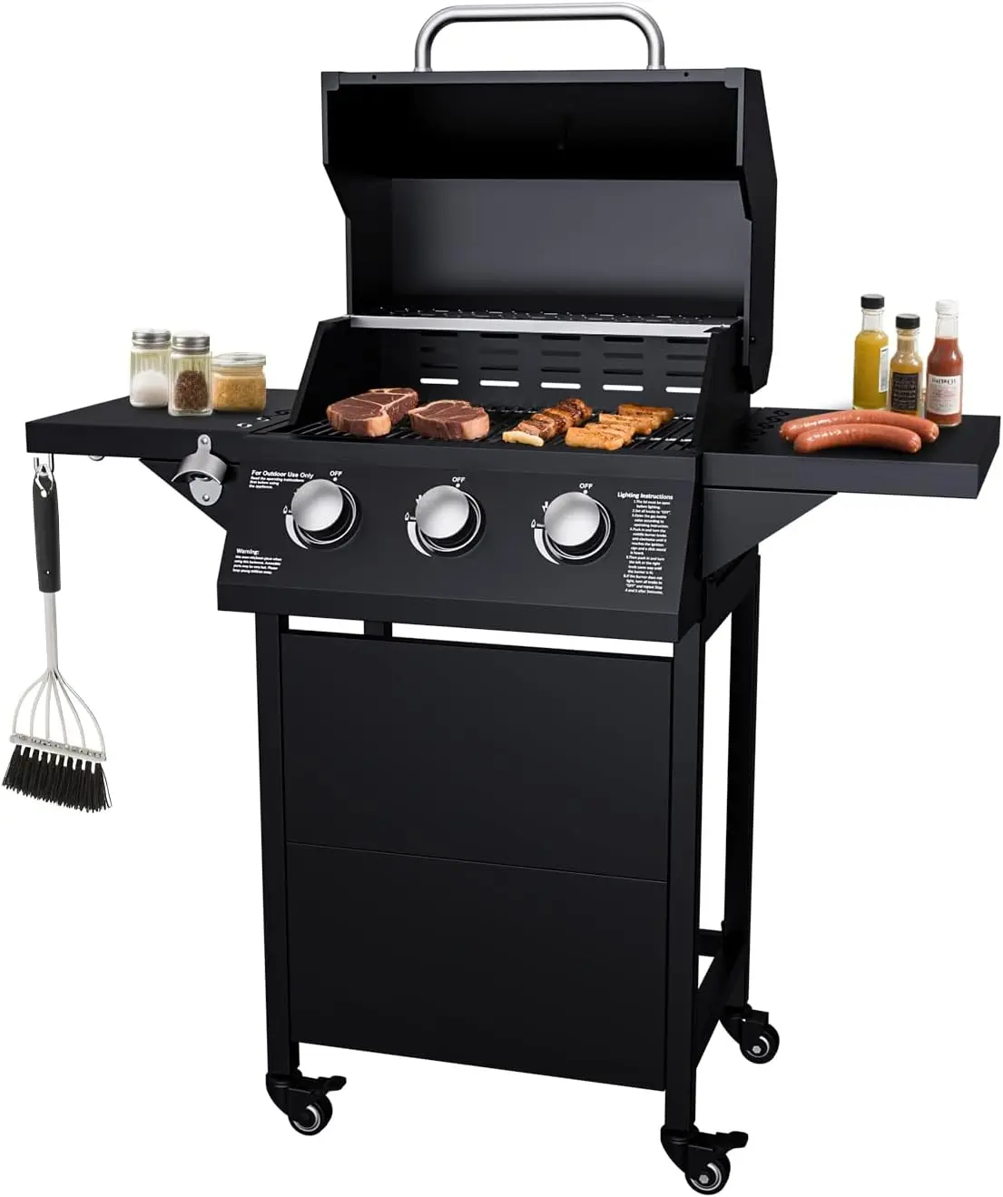 3 Burner BBQ Propane Gas Grill, 30,000 BTU Stainless Steel Barbecue Grill with Two Side Tables, Outdoor Cooking for Patio