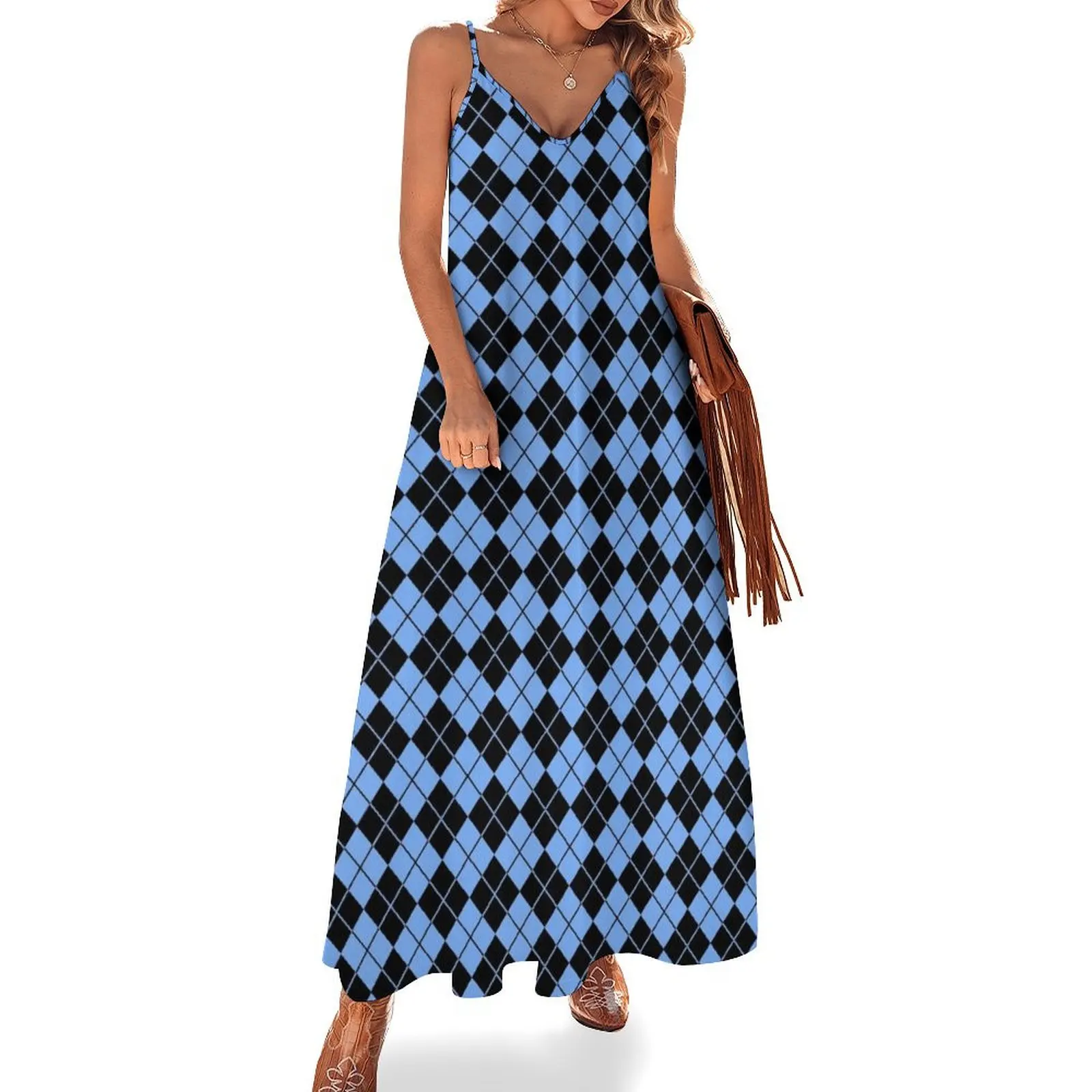 

Carolina Blue/Black Argyle Sleeveless Dress wedding dresses for woman clothes for woman dress for women 2024 women evening dress