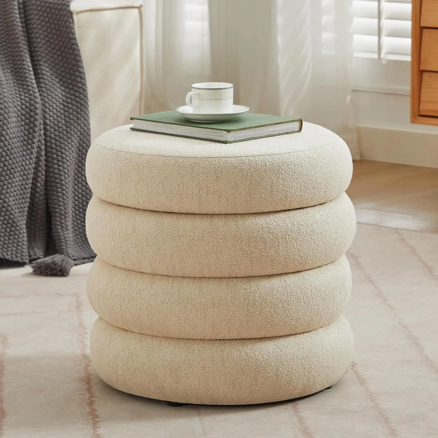 19.5in Storage Ottoman Round Linen Pouf with Removable Lid Bedroom Vanity Foot Stool Beige Customized
