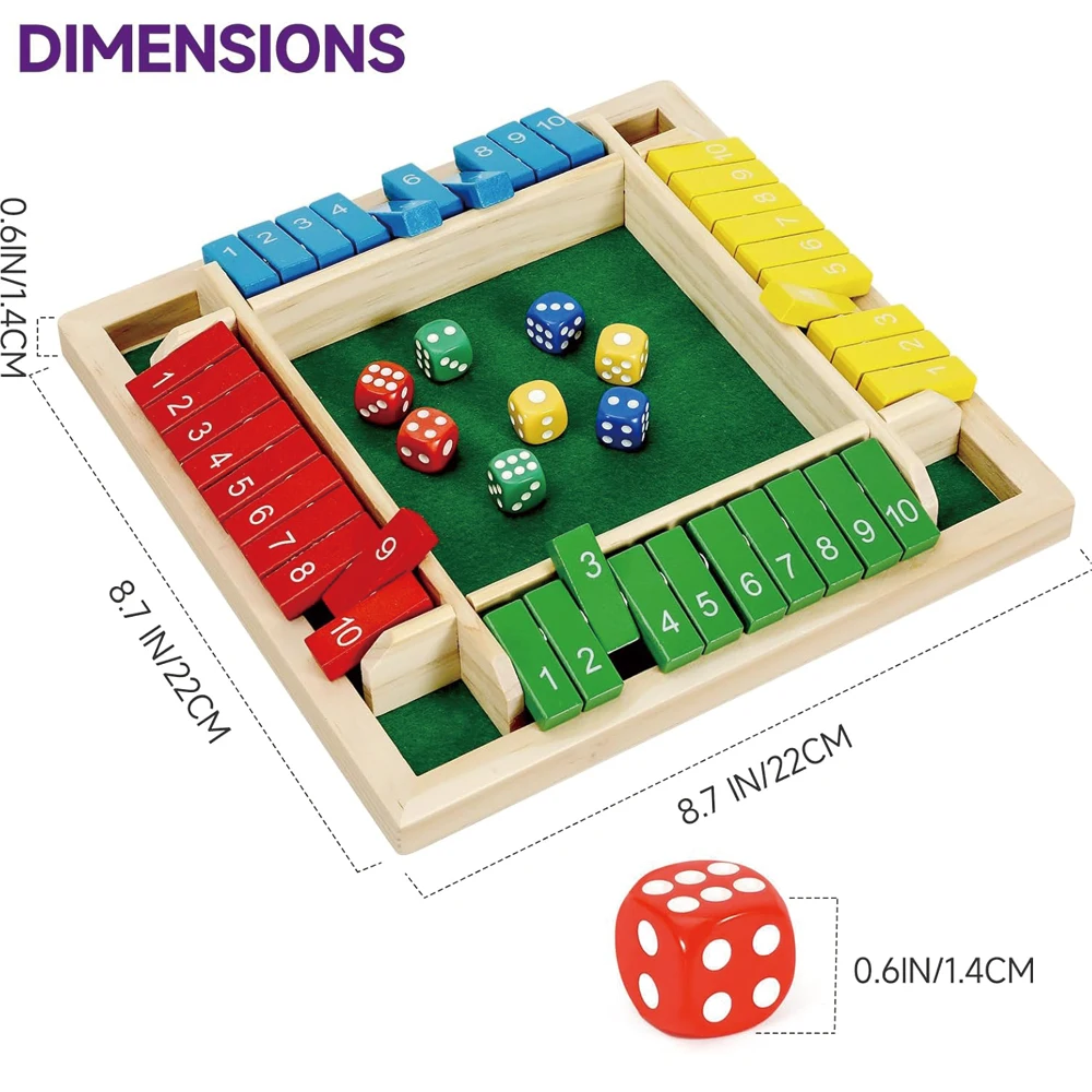 Shut The Box Dice Game,2-4 Player Family Wooden Board Table Math Games for Adults, 8 Dices Classics Tabletop Version Games for C