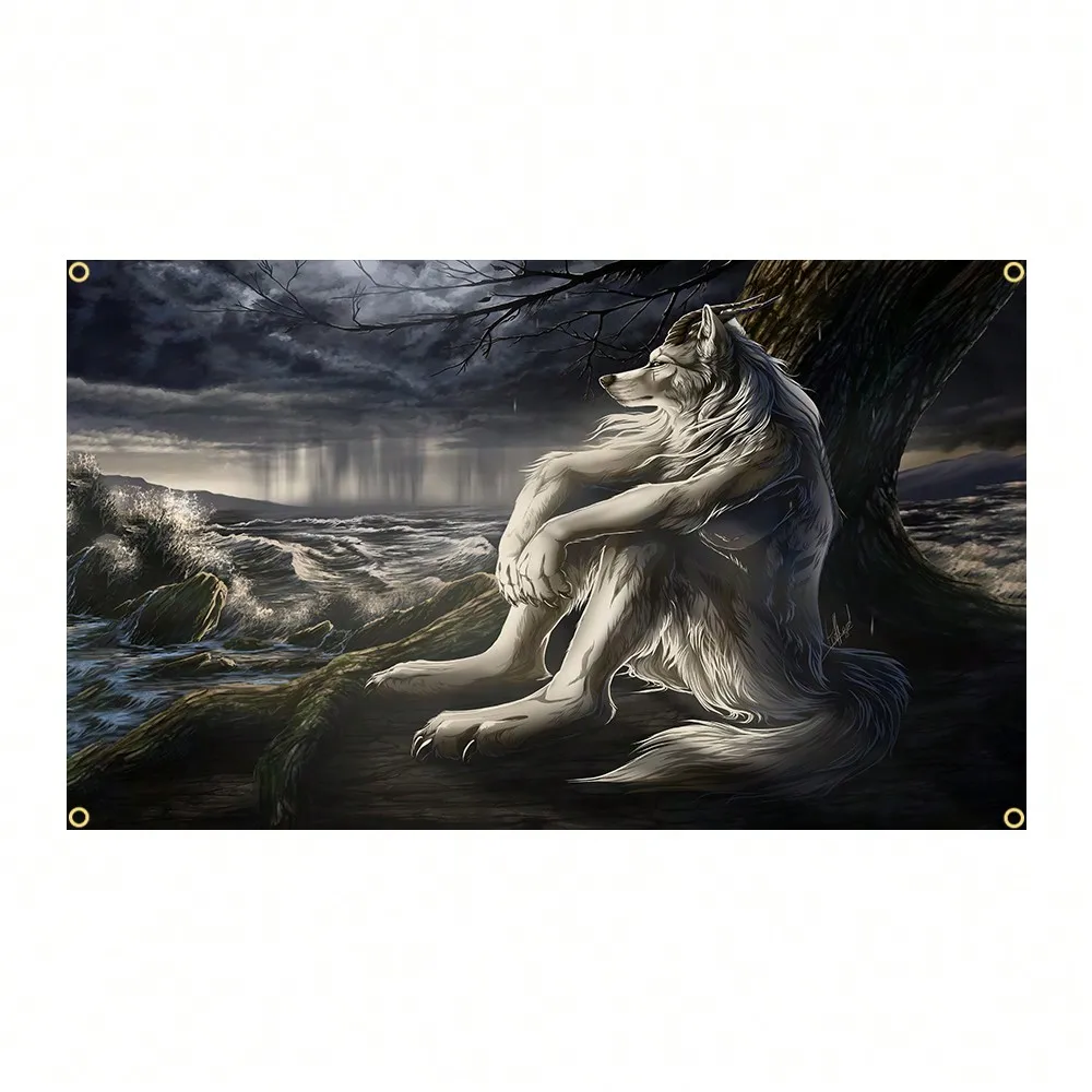 1pc Emo White Wolf Sitting Meme Flag Tapestry Werewolf Tapestries For Bedroom Printed Home Decoration Paintings Room Wall