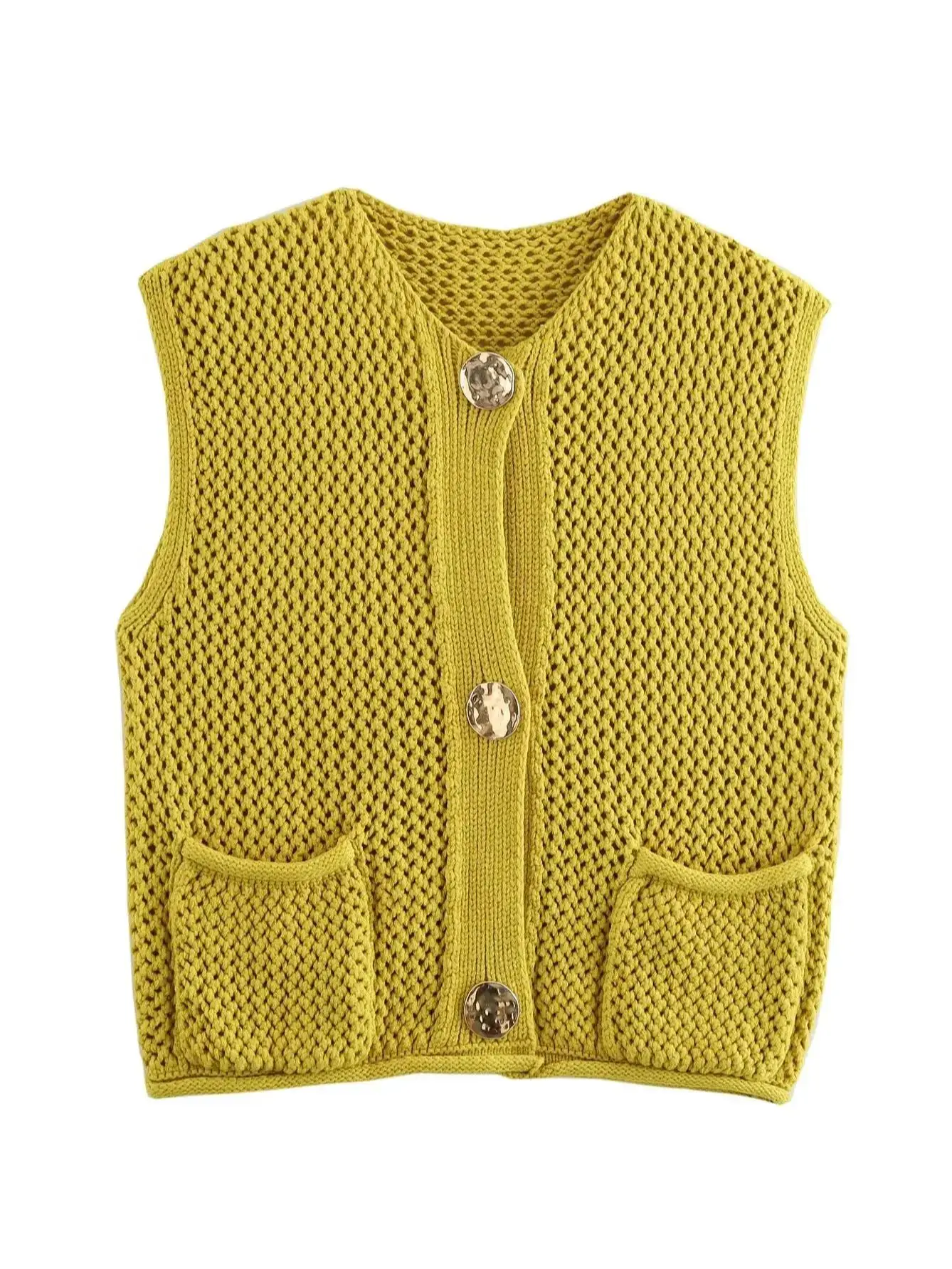 XNWMNZ Women Fashion 2024 Chunky Knit Top Women High Street O Neck Sleeveless Front button patch Pocket Female Waistcoat