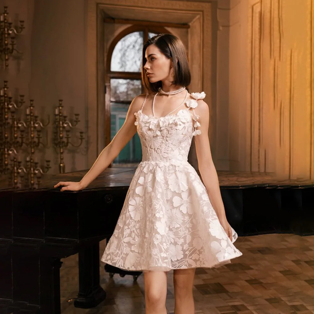 

Elegant Spaghetti Straps Appliques Lace Wedding Dress for Women Short Mini A-line Backless Wedding Bridal Gowns Customized