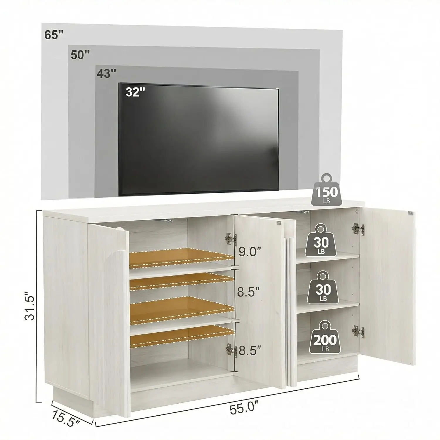 White Oak Fluted TV Stand Arched Reeded Door Storage 65 Inch Media Console Cabinet Living Room Bedroom White Oak, Customized