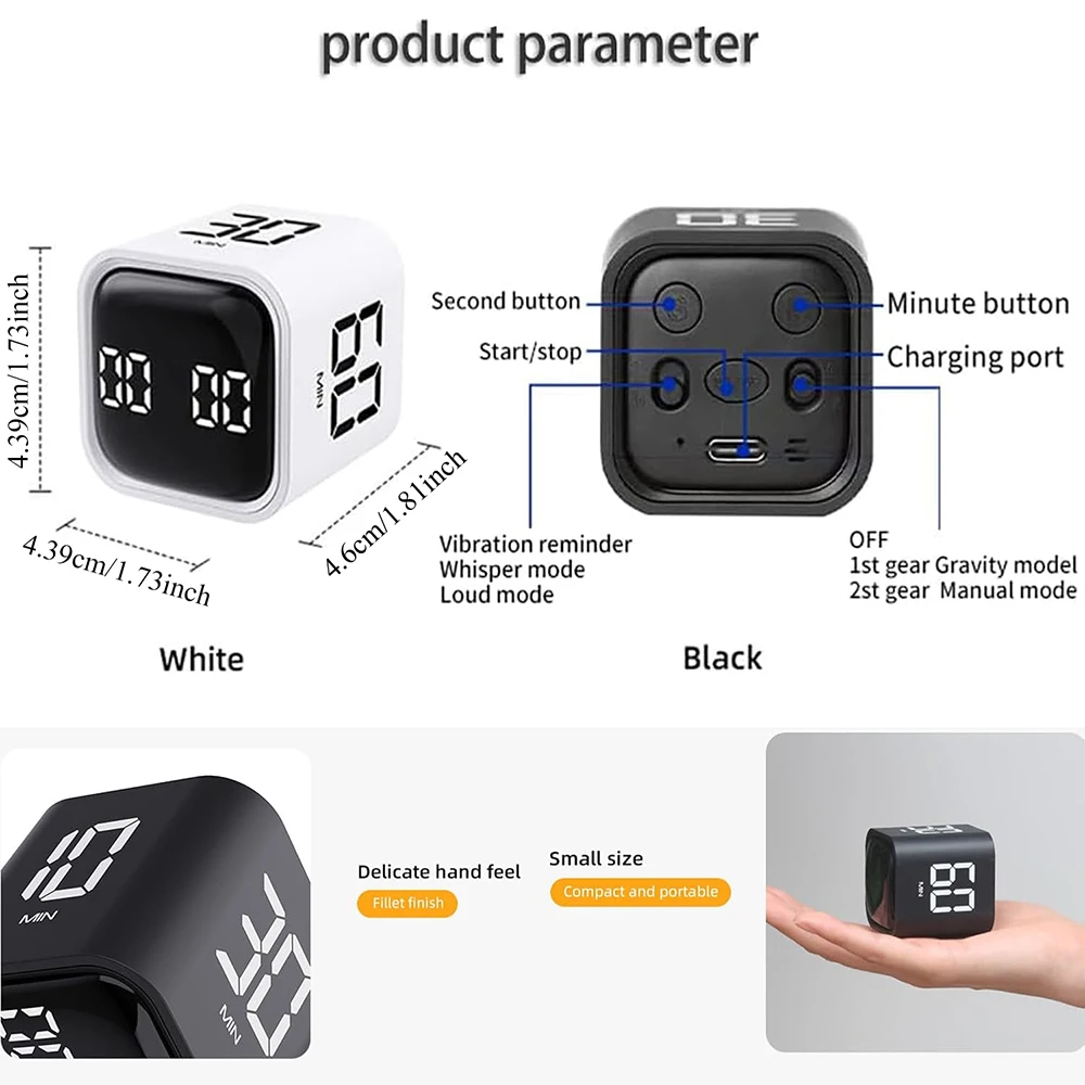 Multifunctional Cube Timer - 5/10/30/60 Min & Countdown, Ideal for Study, Work, Kitchen - Pause, Resume, Silent, Vibrate & Sound