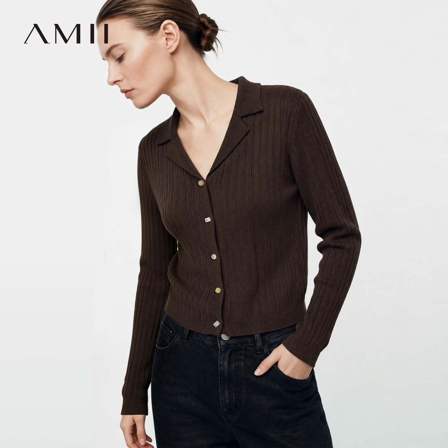 Amii Casual Lapel Collar Contrast Geometric Stone Button Ribbed Stripe Short Women 2026 Autumn Arrival Knit Cardigan 12643086