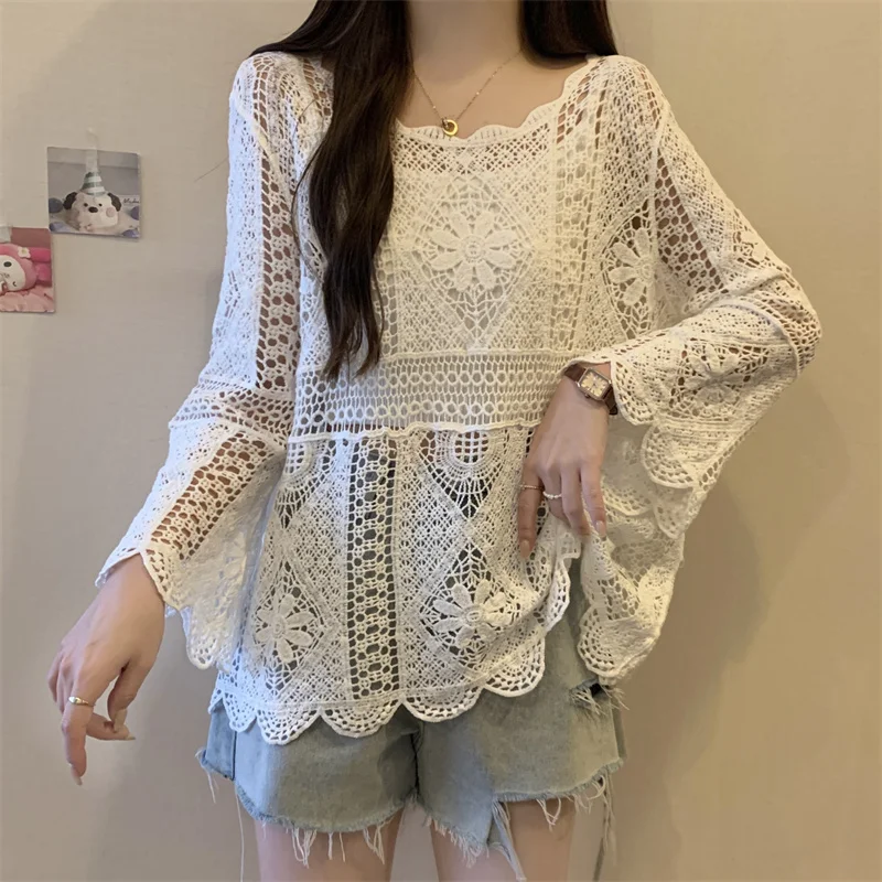 Flare Sleeved Loose Crochet Lace Tops Summer Sexy Hollow Out Beach Vacation Women Sunscreen Shirt