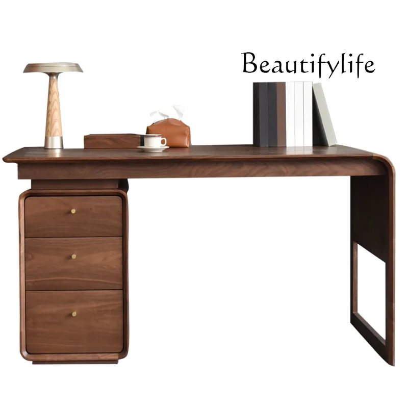 

Black Walnut Solid Wood Computer Desk with Three Storage Drawers Nordic Modern Office Study Table