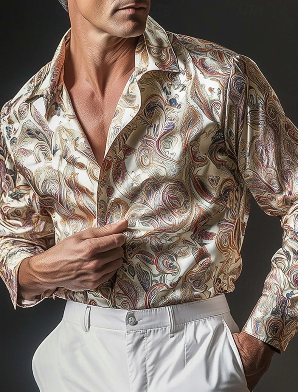 Men Turn‑down Collar Long Shirt Classic Vintage Paisley Ornate Graphic Print Button‑front Fashion Urban Holiday Male Blouse