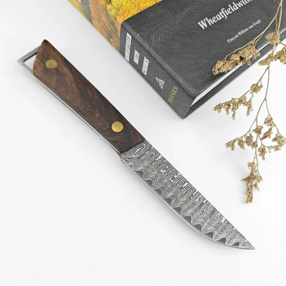 Damascus Pattern Fixed Blade Knife Wooden Handle Outdoor Survival Tactical Knives with Leather Sheath Camping Hunting Tool Gifts