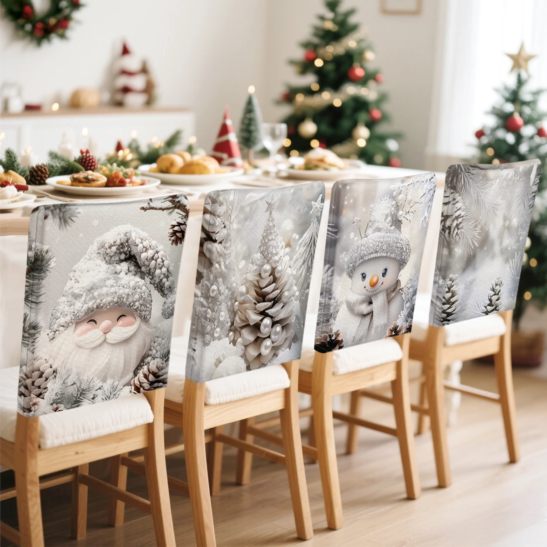 Christmas Snowman Pinecone Chair Cover Slipcovers Set of 4 100% Polyester Dining Room Office Banquet Chair Protective Cover