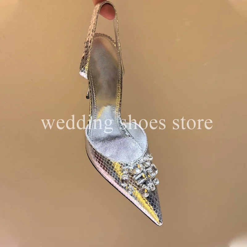 Rhinestone 9.5CM High-heeled Sandals Sexy Women Sheepskin Pointy Back Strap Hollow Summer Elegant Banquet Wedding Single Shoes