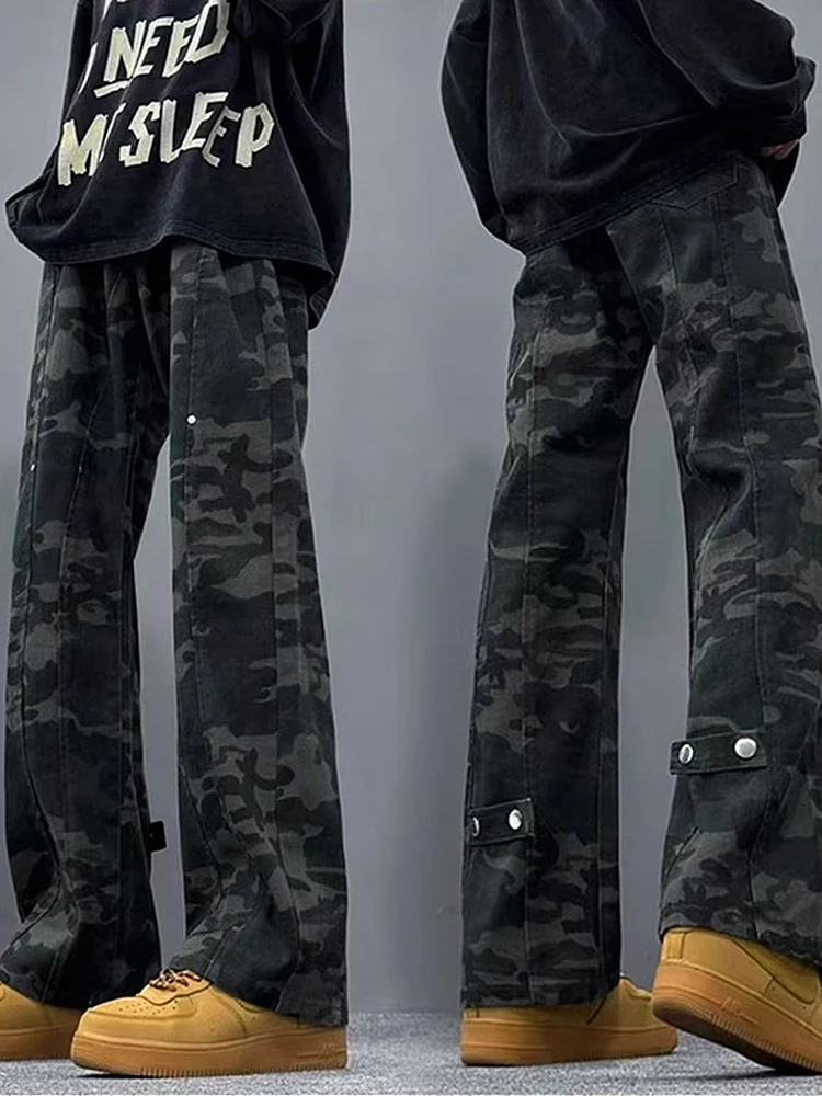 

American High Street Camouflage Jeans Men's Winter Retro Knife High Waist Straight Leg Workwear Pants Bell Bottoms