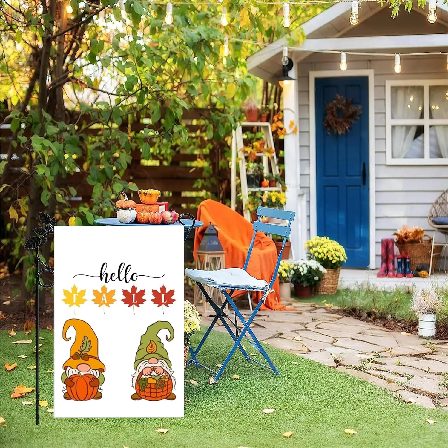 Fall Garden Flag 12x18 Inch Double Sided Hello Fall Yard Decorations Flag Outdoor Autumn Gnomes Maple Leaves White Garden Flags