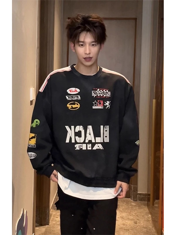

Large Size American Retro round Ne Sweatirt Men's Heavyweight Spring Autumn Trendy Design High Street Racing Jaet