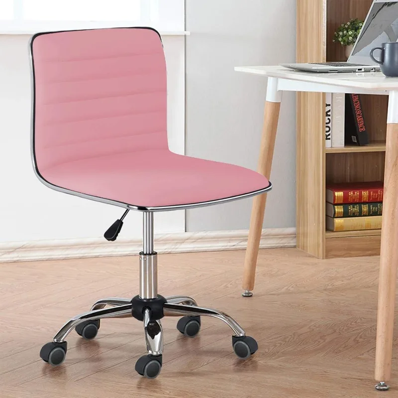 Pink Low Back PU Leather Ribbed Armless Office Chair, Ergonomic Swivel Task Chair with Wheels for Women