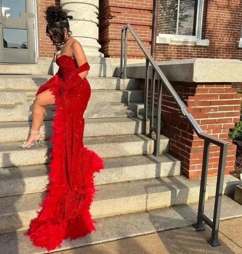 black dress with collar and sleeves Wedtrend Women Sparkly Red Prom Dress Mermaid Strapless Sequins Long  Evening Party Dress With Slit – WEDTREND main image 1