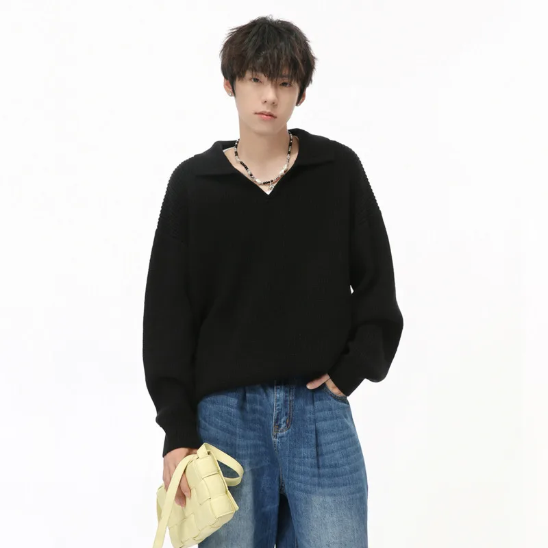 Men's Wear Texture Sweater 2024 Autumn Winter Loose Korean Style Solid Color Kintted Sweater V-neck Pullover