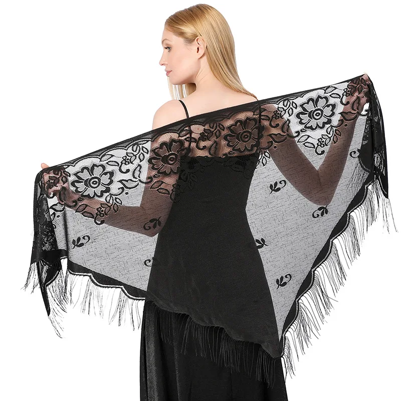 Triangle Lace Shawls and Wraps for Evening Dresses with Tassels for Evening Party Mesh Wedding Shawls