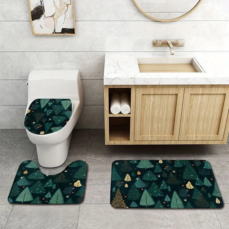 VIKAMA Christmas Toilet Mat Set Dark Green Xmas Tree Forest Gold Leaf Print Soft Non Slip For Bathroom Shower Laundry Decor