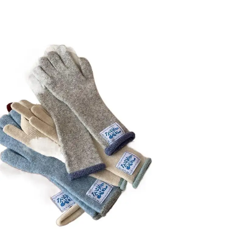 Gants chauds bouclés avec étiquette mi-longue coréenne pour femmes, gants tricotés à cinq doigts pour écran tactile Dopamine, blocage de couleur