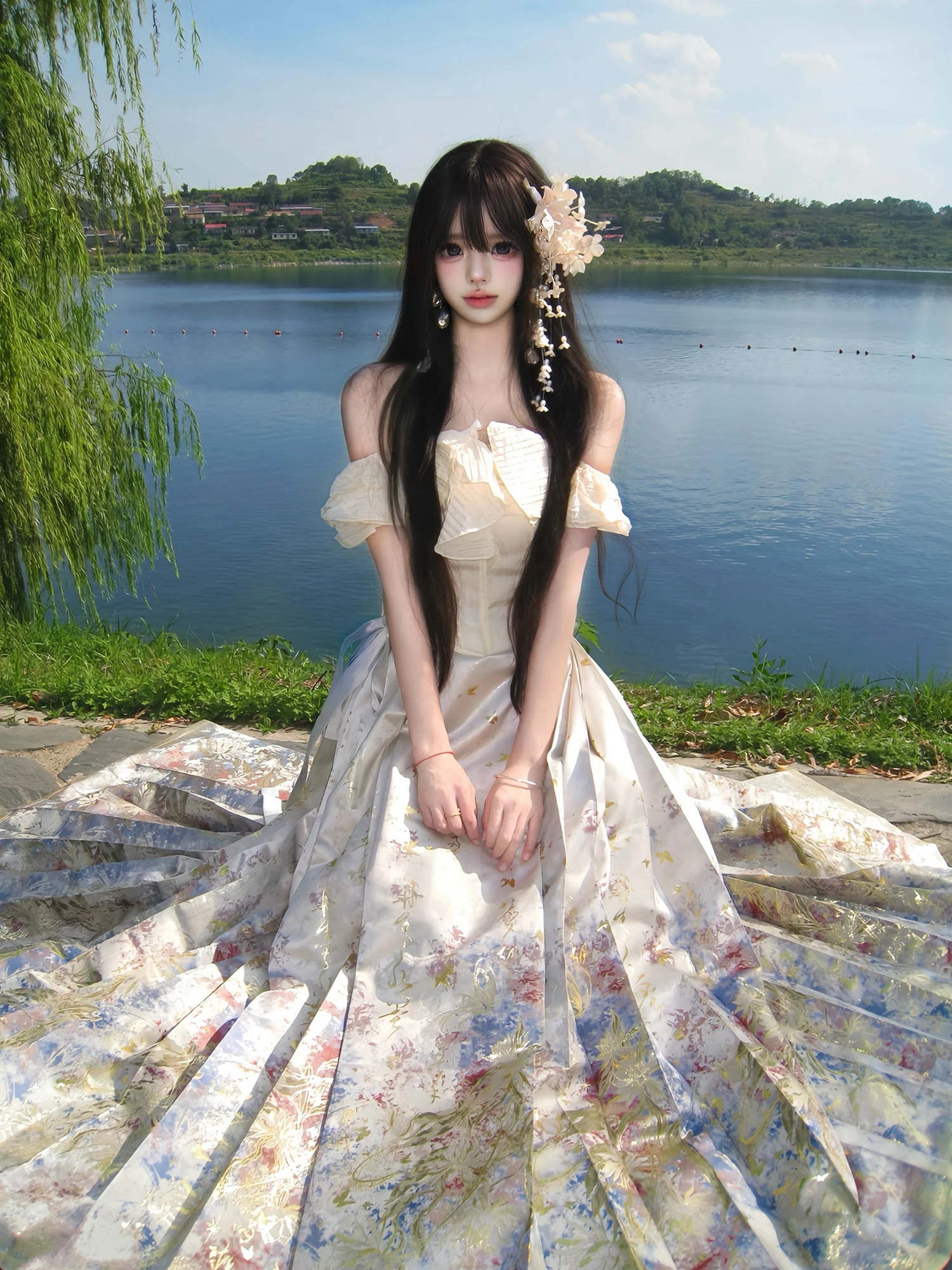 Original Hanfu Semi-skirt Ming Dynasty Woven Gold Imitation Flower Ma Face Long Skirt High Waist A-Line Polyester Fiber
