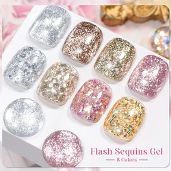 8 Colors Sparkling Flash Gel Nail Polish Painting Liner Gel Soak Off UV Nail Glue with Glitter Sequins for Home Salon Nail Art