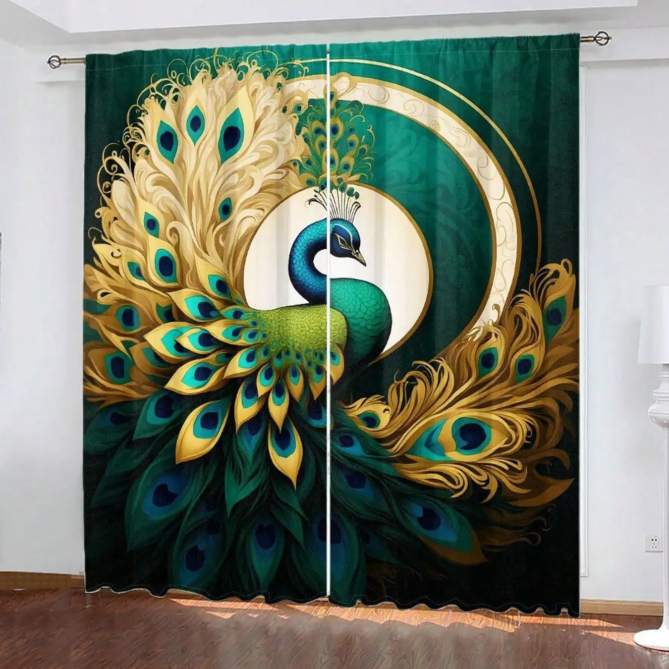 Set Of Two Curtains Featuring A Two-Dimensional Artistic Depiction Of A Peacock, Showcasing A Richly Detailed Design