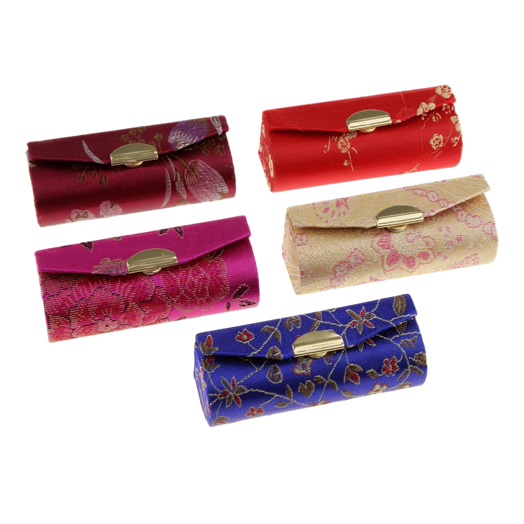 5 Pieces Lipstick Case Holder With Mirror,Chinese Traditional Flower Design