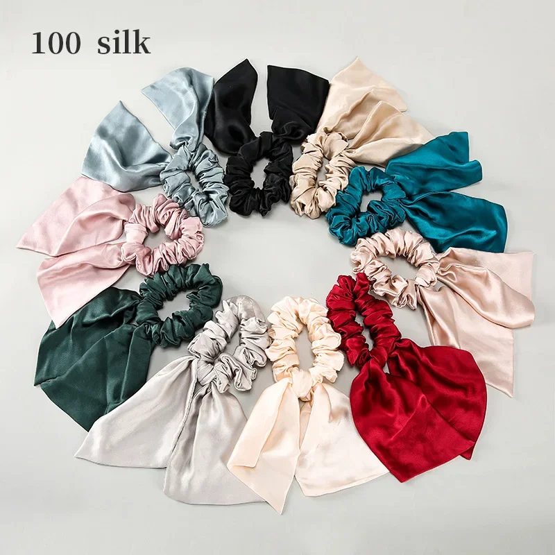 100% Pure Mulberry Silk Hair Bows Scrunchies Silk Bowknot Elastic Hair Bands Ties Headwear For Women\'s Luxury Hair Accessories