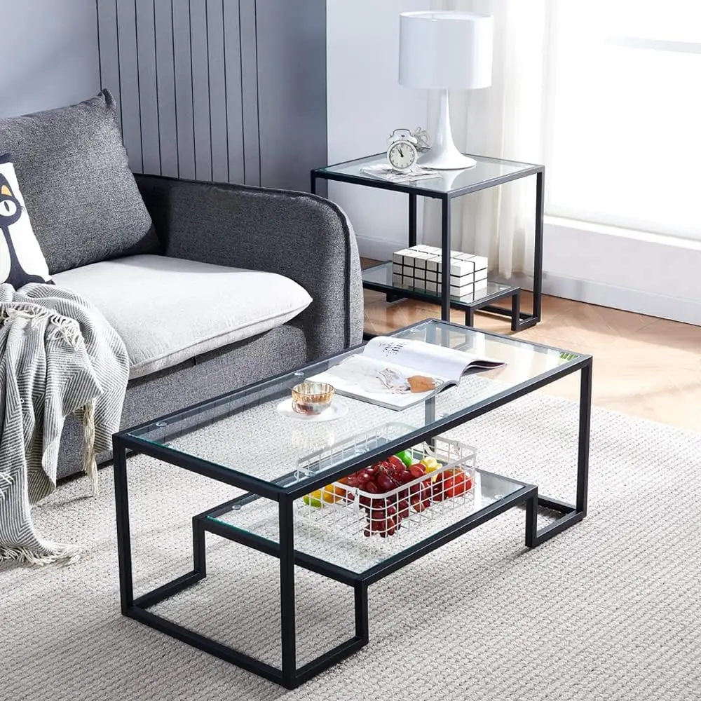 

Black Metal Glass Coffee Table - Simple Center Coffee Table for Living Room Home, Metal Frame Coffee Table with 2 Shelves,Modern