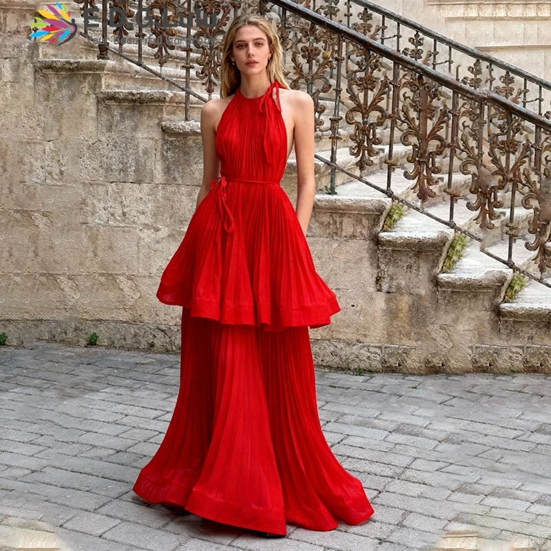 EDGLuLu فساتين سهرة مثيرة بدون أكمام متجعدة بحافة أوراق اللوتس امرأة أنيقة وردي أبيض فستان زفاف طويل 1018 #3