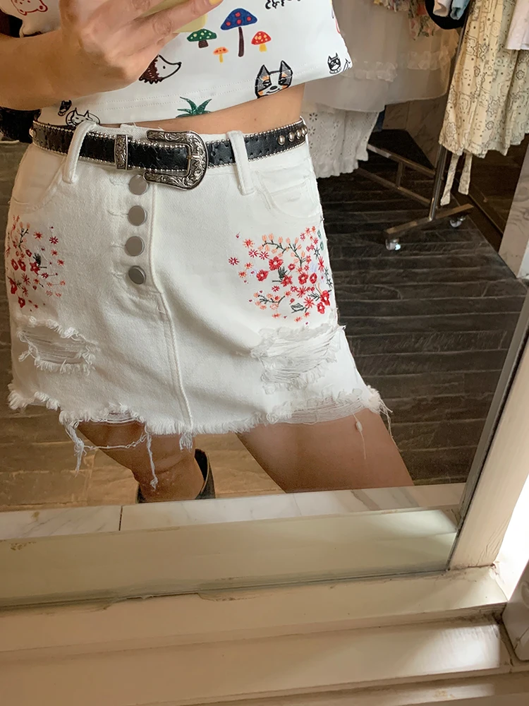 

Embroidered Denim Skirt Women's White A-Line Bodycon Design Korean Style High Waist Cotton Blend Summer Short Skirt