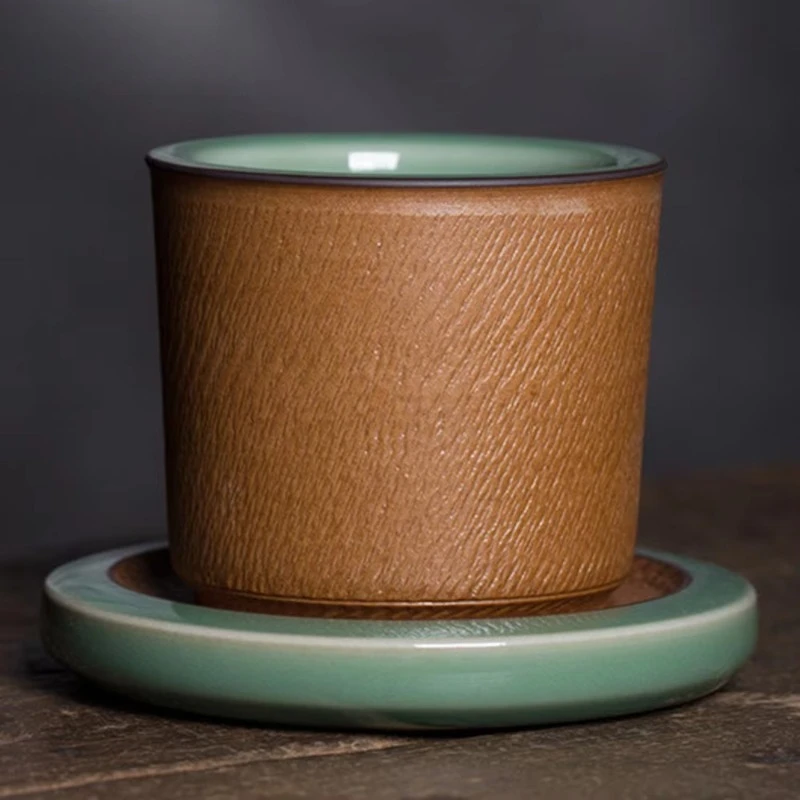 Taza de té Longquan Celadon hecha a mano, vaso maestro con mango  ala, tazón  té con Kit  platillo, regalos, 110ml