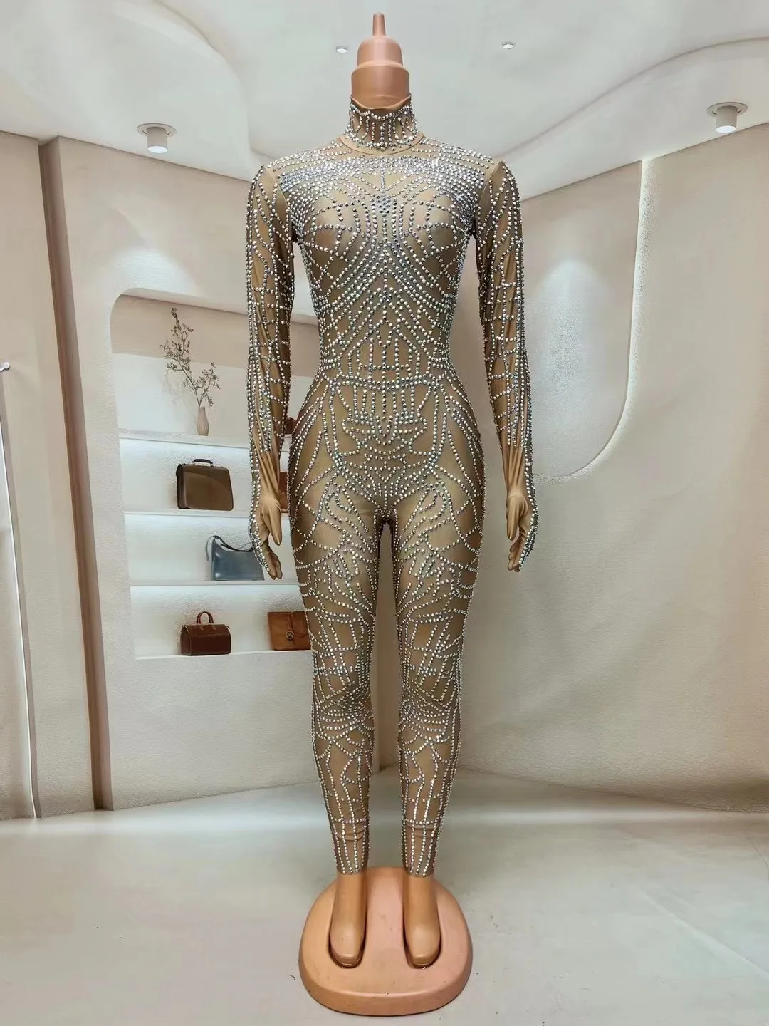 DS Silver Ful Rhinestones Nude JumpsuitDance Show Sexy Bodysuit Evening BirthdayCelebrate Costume leggings dianwang