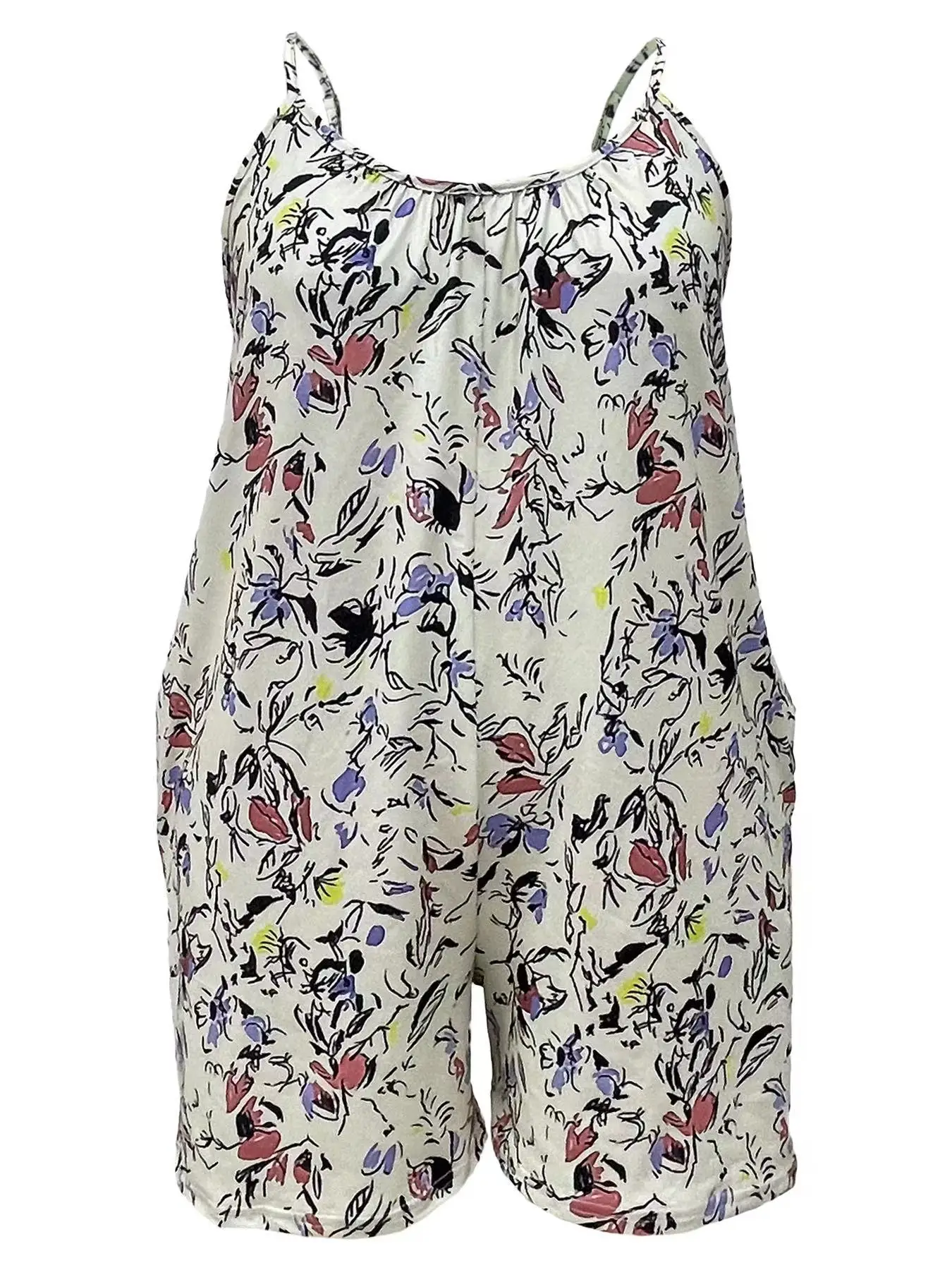 Plus Size Allover Print Cami Romper Jumpsuit, Casual Pocket Ruched Sleeveless Romper Jumpsuit, Odzież damska Plus Size