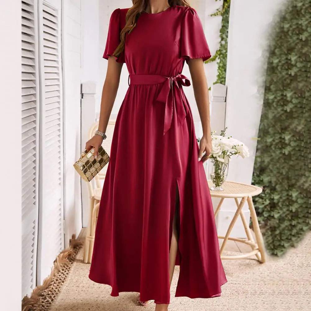 Women Long Dress Elegant Lace-up Maxi Dress for Women Slim Waist Side Slit Ankle Length for Prom Parties Dating Solid Color