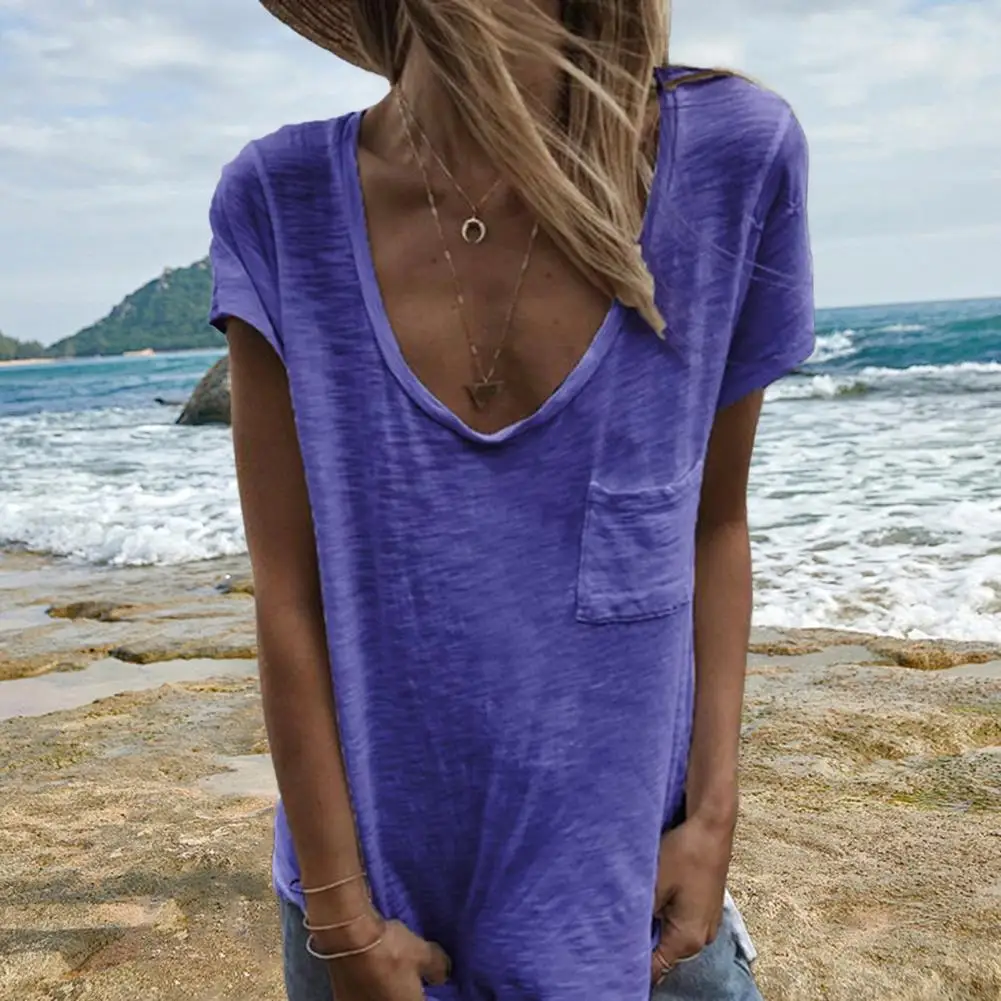 

Summer Women T-shirt Round Neck Short Sleeve Patch Pocket Tee Shirt Loose Fit Solid Color Thin Pullover Tops Daily Wear