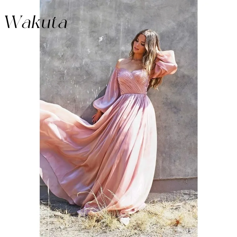 Wakuta Elegant Women’s Wedding Dress Off Shoulder Chiffon Puffy Long Sleeves Formal Prom Evening Dresses Dubai Luxe with Pockets