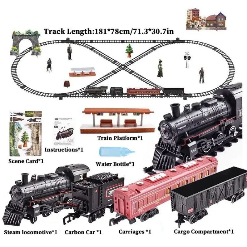 MEOA Klassisches, batteriebetriebenes, elektrisches Dampflokomotiven-Set für Eisenbahnenzug, das Wasser zu Rauch hinzufügt, Spielzeug mit Licht und Ton ﻿ 3