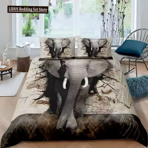 3D Elephant Duvet Cover Set Queen Size African Safari Animal Comforter Set Wildlife Bedding Set Retro Wall Decor Bedspread Cover