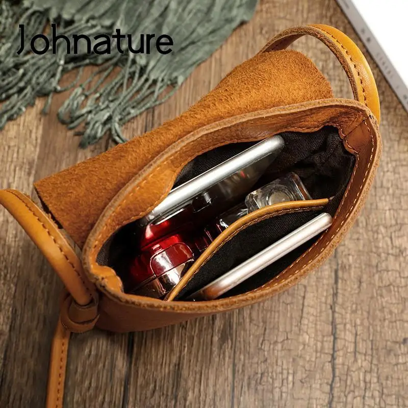 Johnature 2024 New Simple Genuine Leather Women Bag Retro Solid Color Natural Cowhide Mini Phone Bag Leisure Small Shoulder Bags