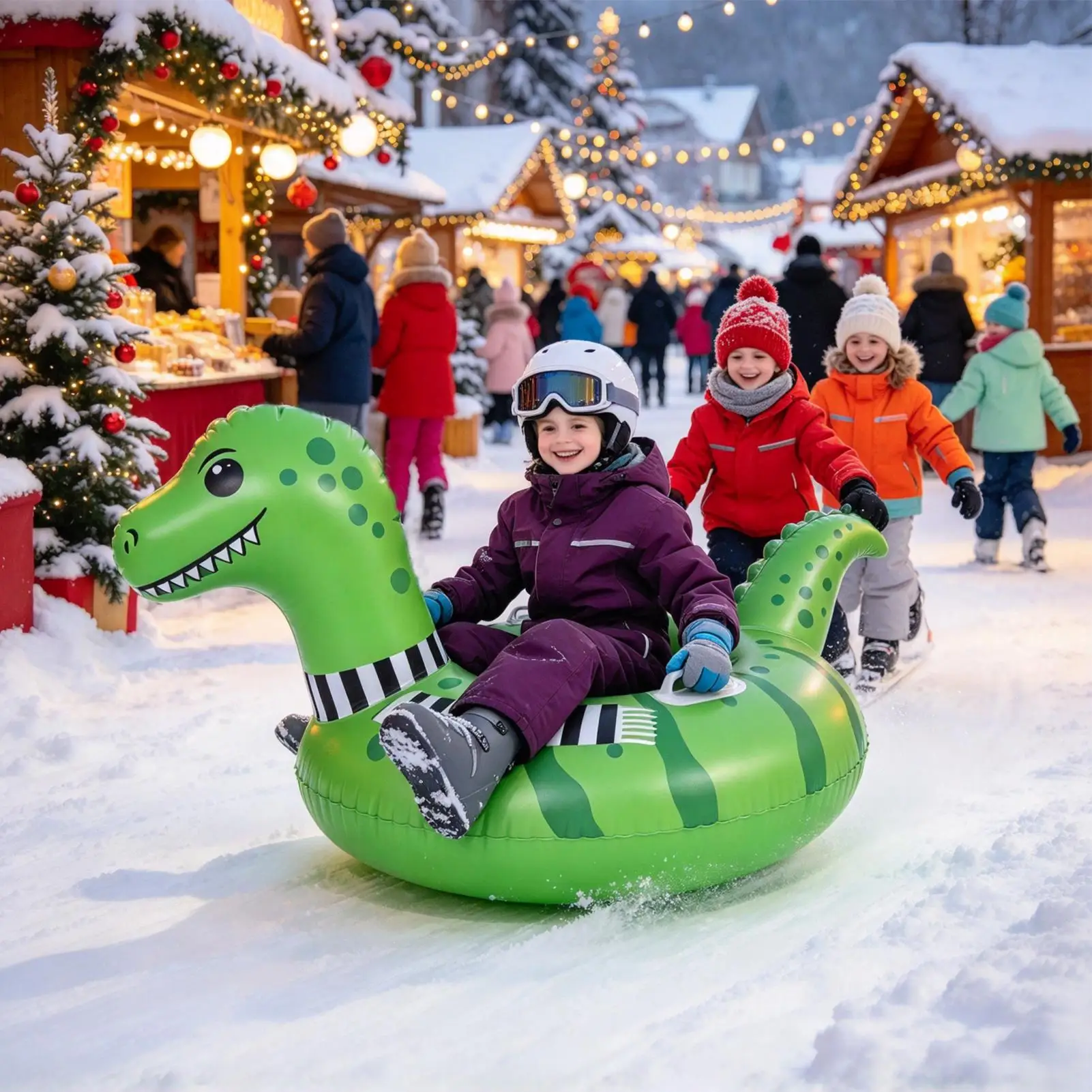 Sledding Tube Inflatable Cartoon Dinosaur Sledding With Handles Inflatable Snow Tube For Kids Adults Boys Girls Family