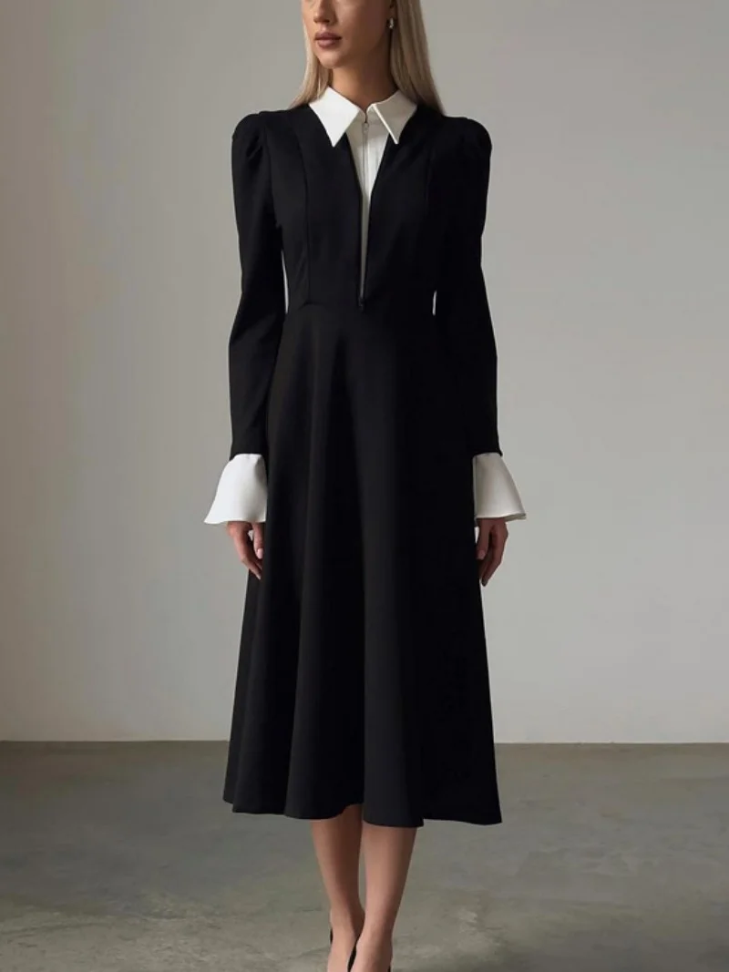 Elegant Colorblock Dress Autumn Clothing Women Lapel Long Sleeve Zip Up A-Line Dresses OL Style High Waist Long Dress Vestidos