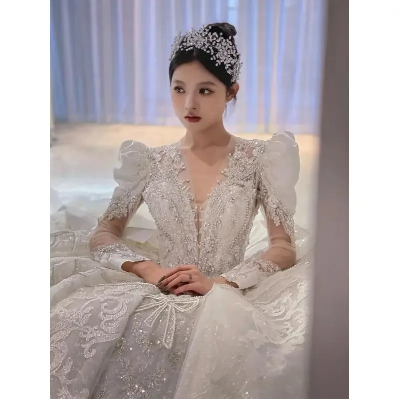 Customized 2026 Long Sleeved Palace Wedding Dress New Bridal Vintage Luxury Starry Sky Bright Diamond Heavy Work Big Tail Female
