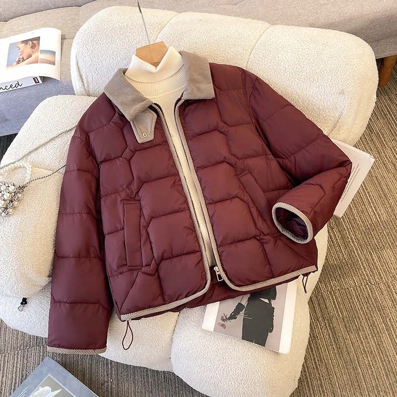 Ropa de algodón cálida y fina para mujer, chaqueta holgada informal acolchada de algodón, Parkas femeninas, Color de solapa corta a juego