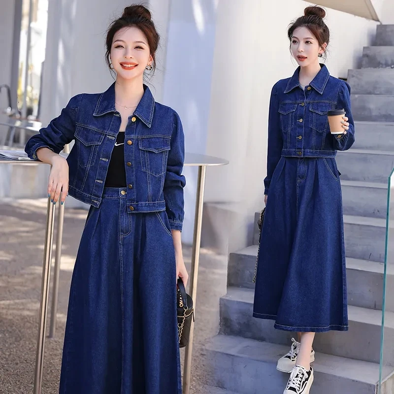 Women Blue Denim Skirt Sets Spring Autumn Casual Short Jeans Jacket + Elastic High Waist Skirt Two-Piece Set Ladies Elegant Suit