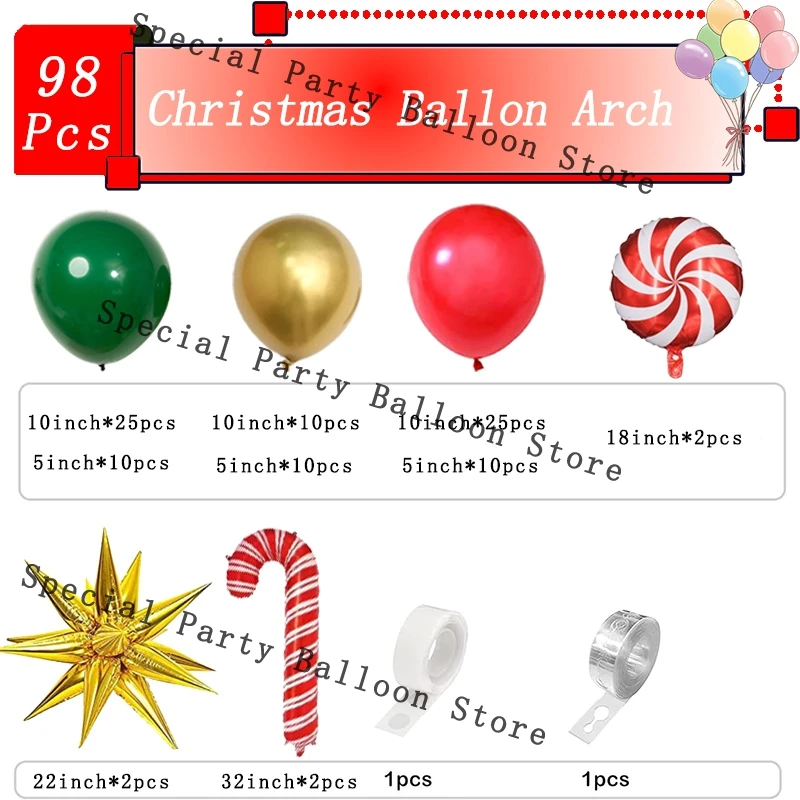 98PCS Christmas Balloon Garlands Arch Kit Crutch Candy Cane Ballon Red Green Gold Christmas New Year Balon Chain Arch Wreath Set