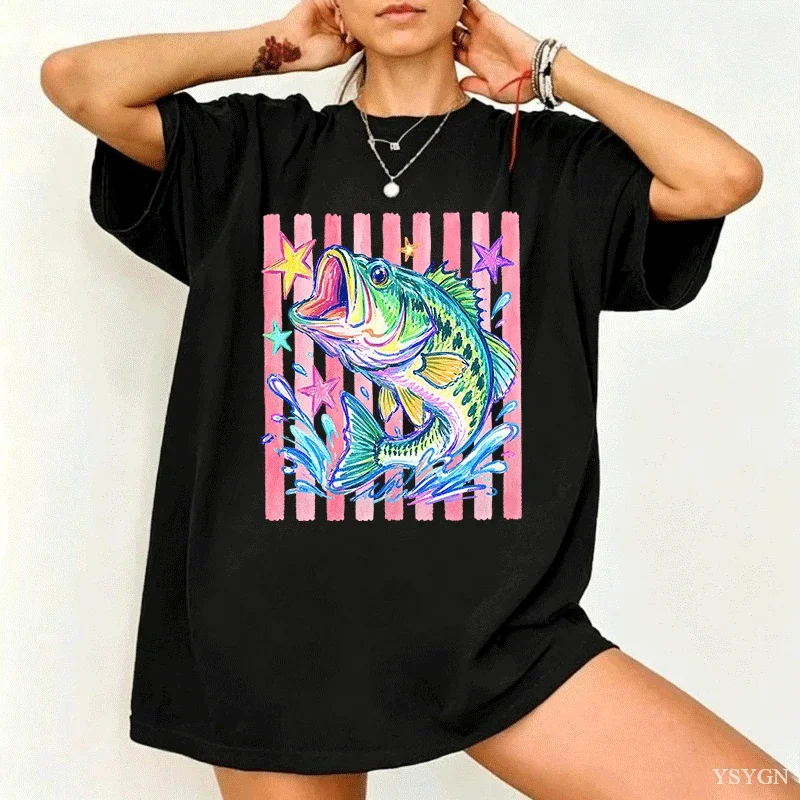 2026 Fashion New Coastal Lake Retro Fish Graphic T-Shirt Pastel Fishing Print Colorful Sumer Beach Casual Gift Basic Top Tee