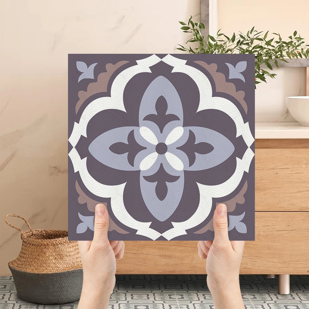 

10Pcs Purple Boho Floral Peel and Stick Floor Tiles, 30x30cm Waterproof Anti-Slip PVC Floor Stickers for Home Decor